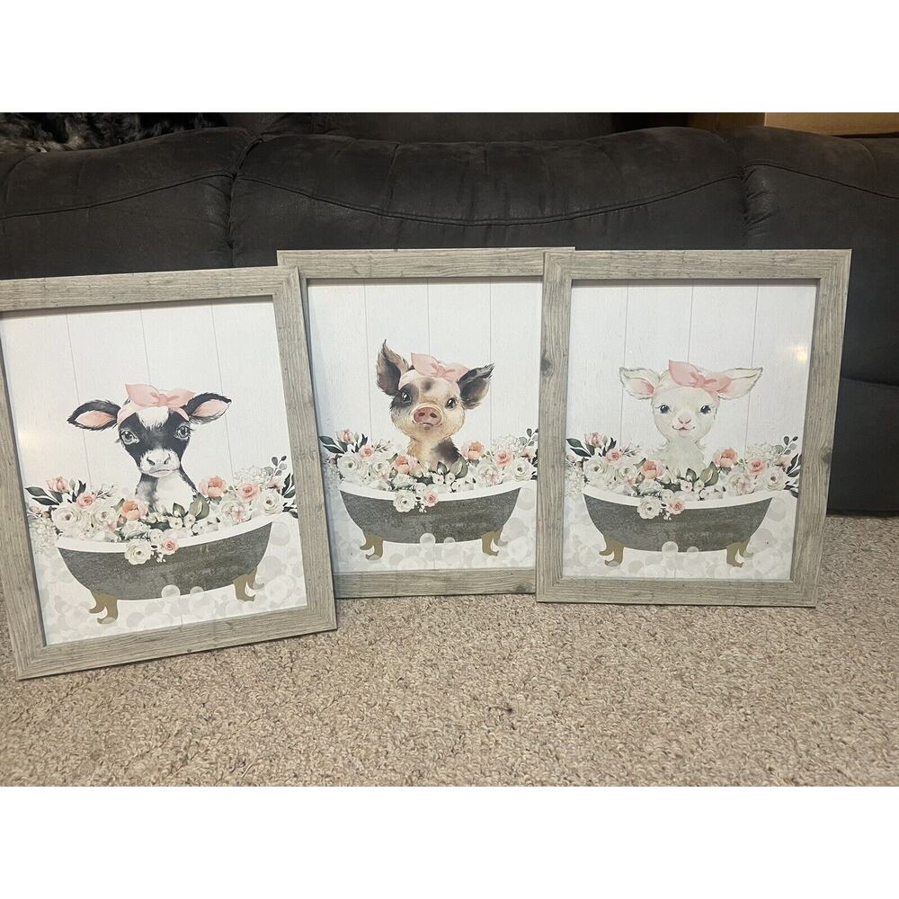 Set Of 3 Country Farmhouse Bathroom Wall Art Decor - Cow, Pig, Sheep